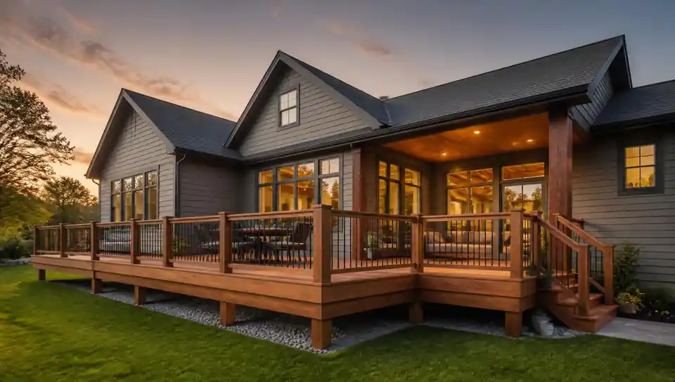 Newly built cedar deck on a remodeled home at sunset