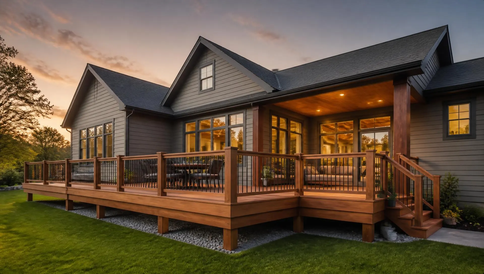 Newly built cedar deck on a remodeled home at sunset